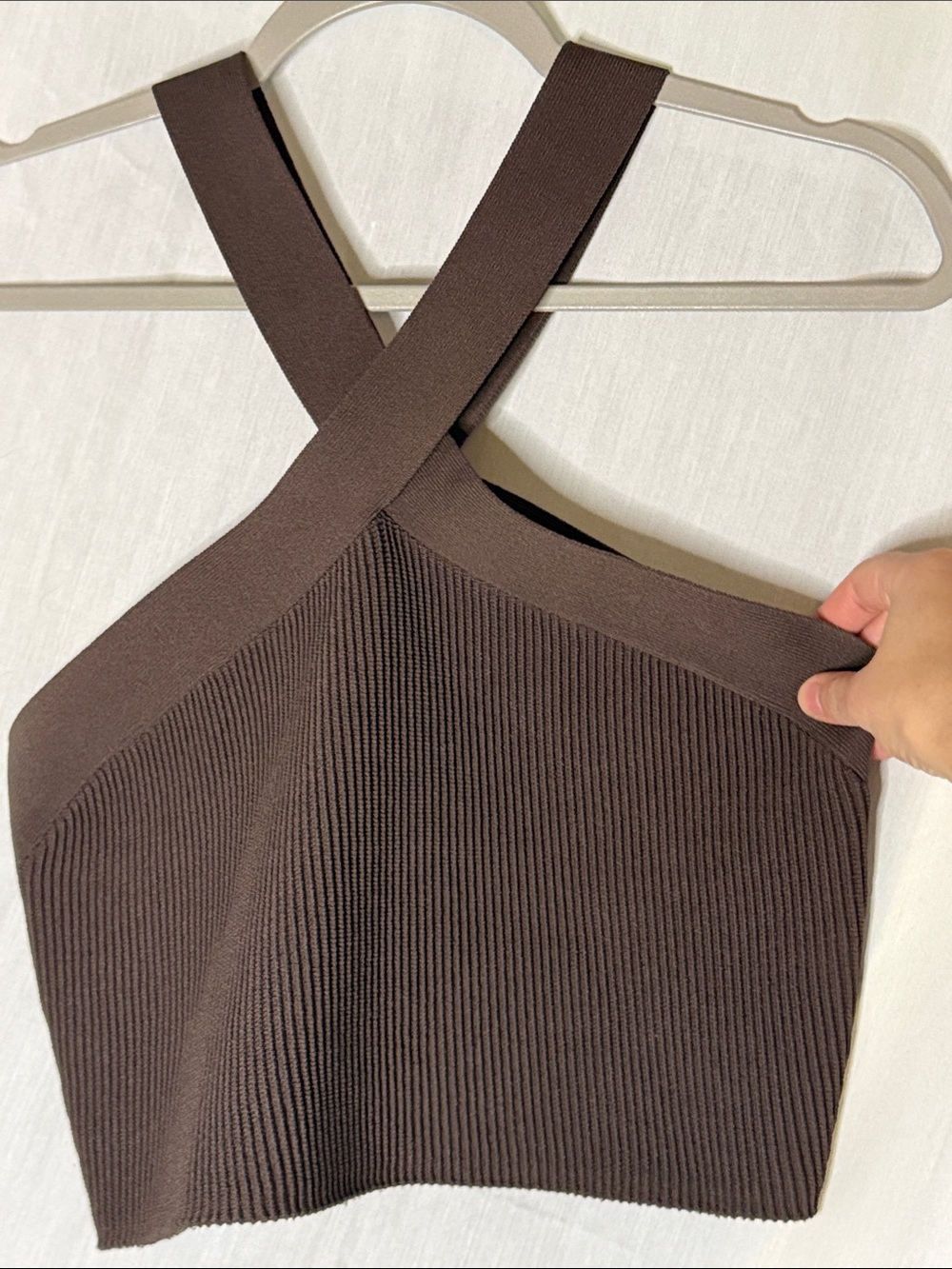 Quince Halter Brown Ribbed Knit Crop Top